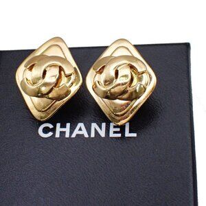 CHANEL CC Diamond Shape Earrings Clip-On 95 P Gold GHW France Vintage